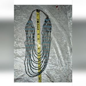 Vintage 80s multi strands silver tone and turquoise blue seed beads heavy
